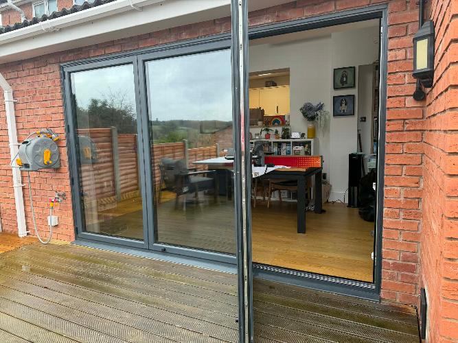 Superb privacy window film Bifolds overheating the room and the sun bleaching the wood, Sunshield visit to Stourbridge and problem solved.